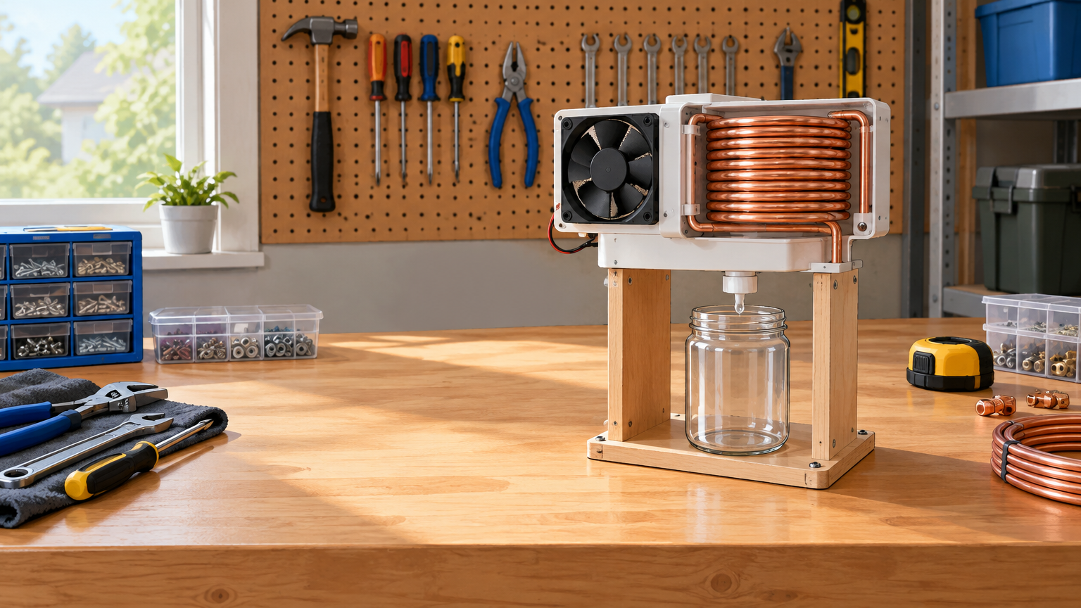 A partially assembled homemade air-moisture collection device on a garage workbench